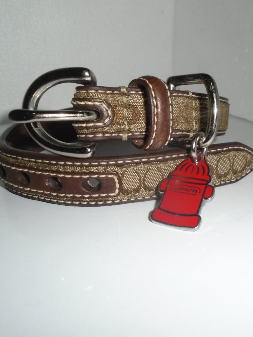 COACH BROWN LEATHER BROWN JACQUARD SIGNATURE C DOG PET COLLAR 60178 SIZE SMALL - Picture 2 of 16